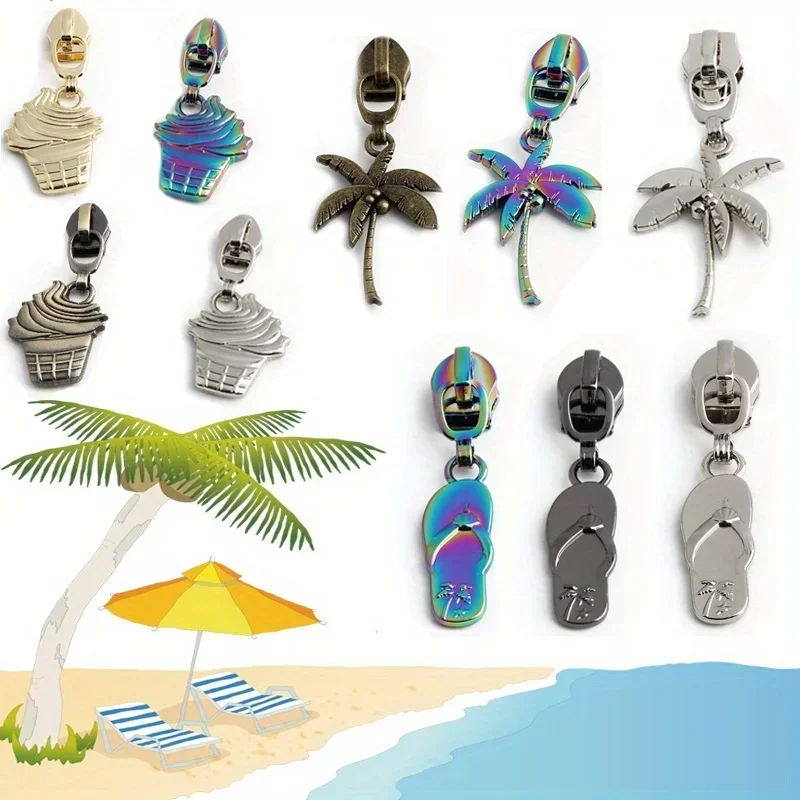 5PCS Summer Cool Coconut Palm Tree Slippers Ice Cream Zipper Puller Cute Fashion School Bag Quilt Bag DIY Sewing Puller