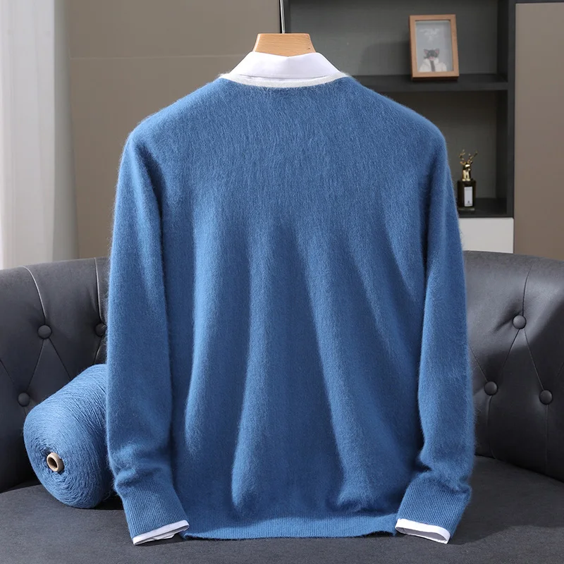 Men's  Autumn Winter 100% Mink Cashmere V-neck Pullover Sweater Color-Matching Warm Cashmere Knitwear Smart Casual Men's Tops