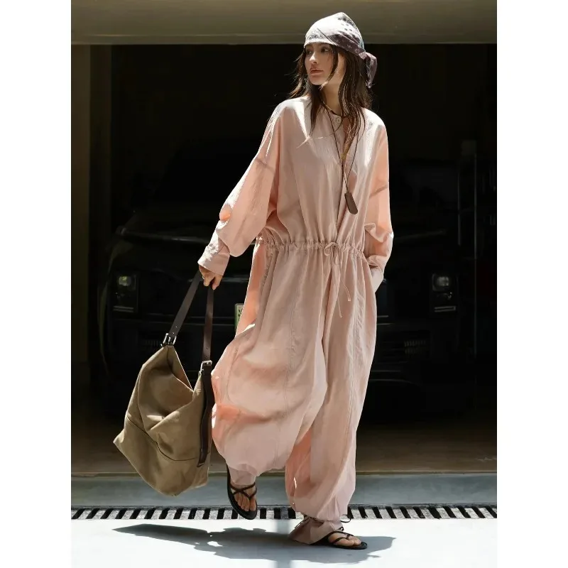 

Осеннее свободное комбинезон-брюки с широкими штанинами, драпировкой и дышащей тканью для женщин