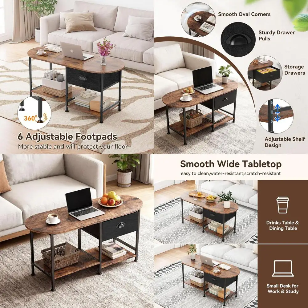 

Compact 37 Oval Coffee Table with Storage, Rustic Brown, Modern for Living Room, Small Spaces, and Home Office