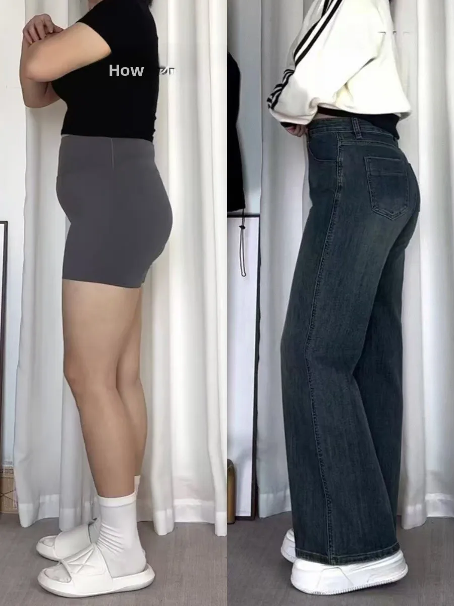 

Утягивающие прямые джинсы для женщин, весна-осень, большие размеры, широкие брюки с чехлом на бедрах, груша, ape, джинсы с высокой талией, глубокие синие джинсы
