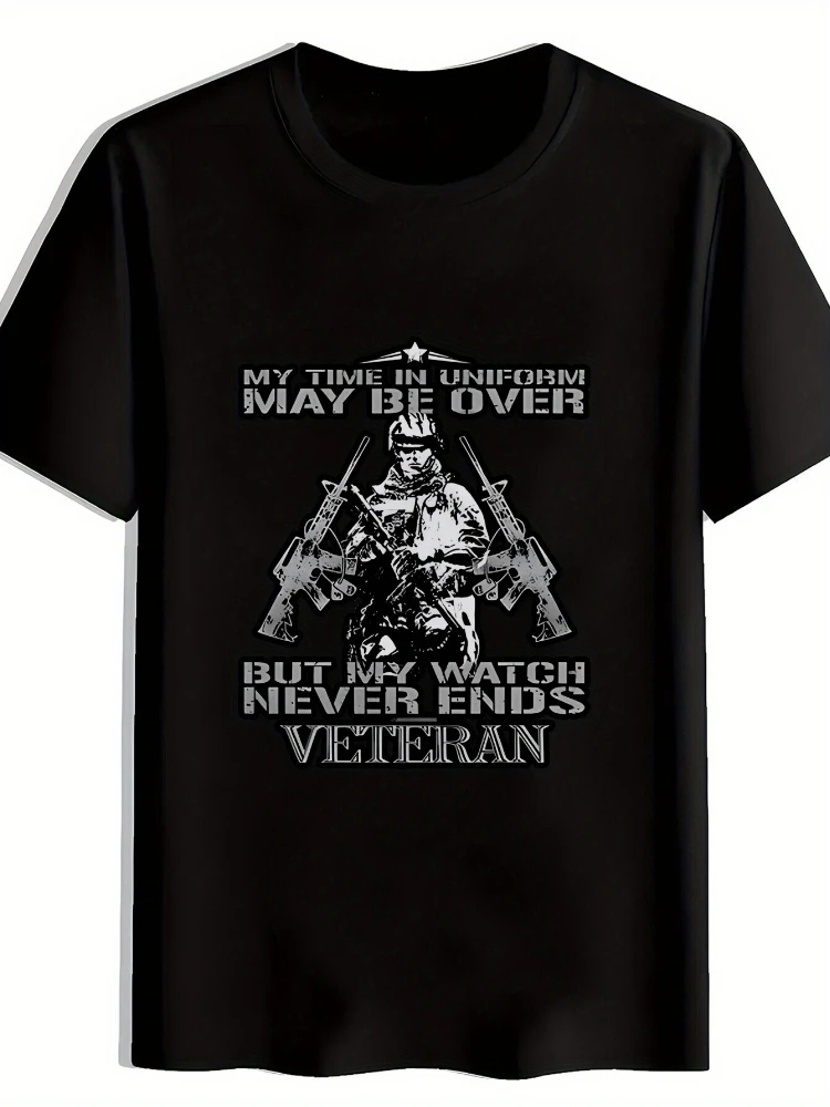 

"My Time in Uniform May Be Over,But My Watch Never Ends"-Military Helmet&Rifle Design-100% cotton O-neck printed men's T-shirt.
