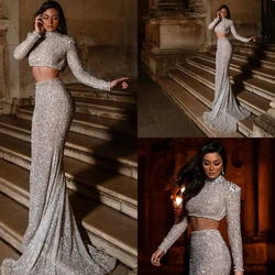 Sparkling Sheath Gown Wedding Dresses Sequins Lace High-Neck Bridal Gowns Plus Size Vestidos De Novia Custom Size Colour