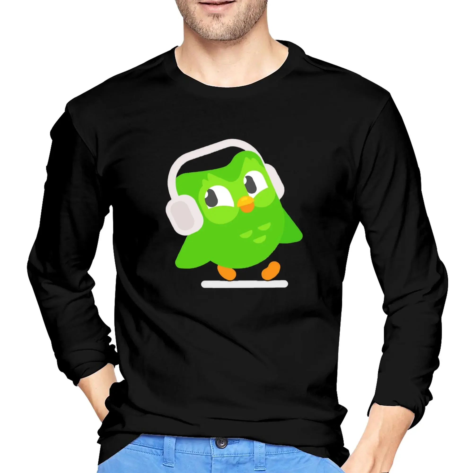 

Duolingo Owl Duo Men's Long Sleeved T-shirt Breathable Round Neck T shirts Spring and Autumn Men tops