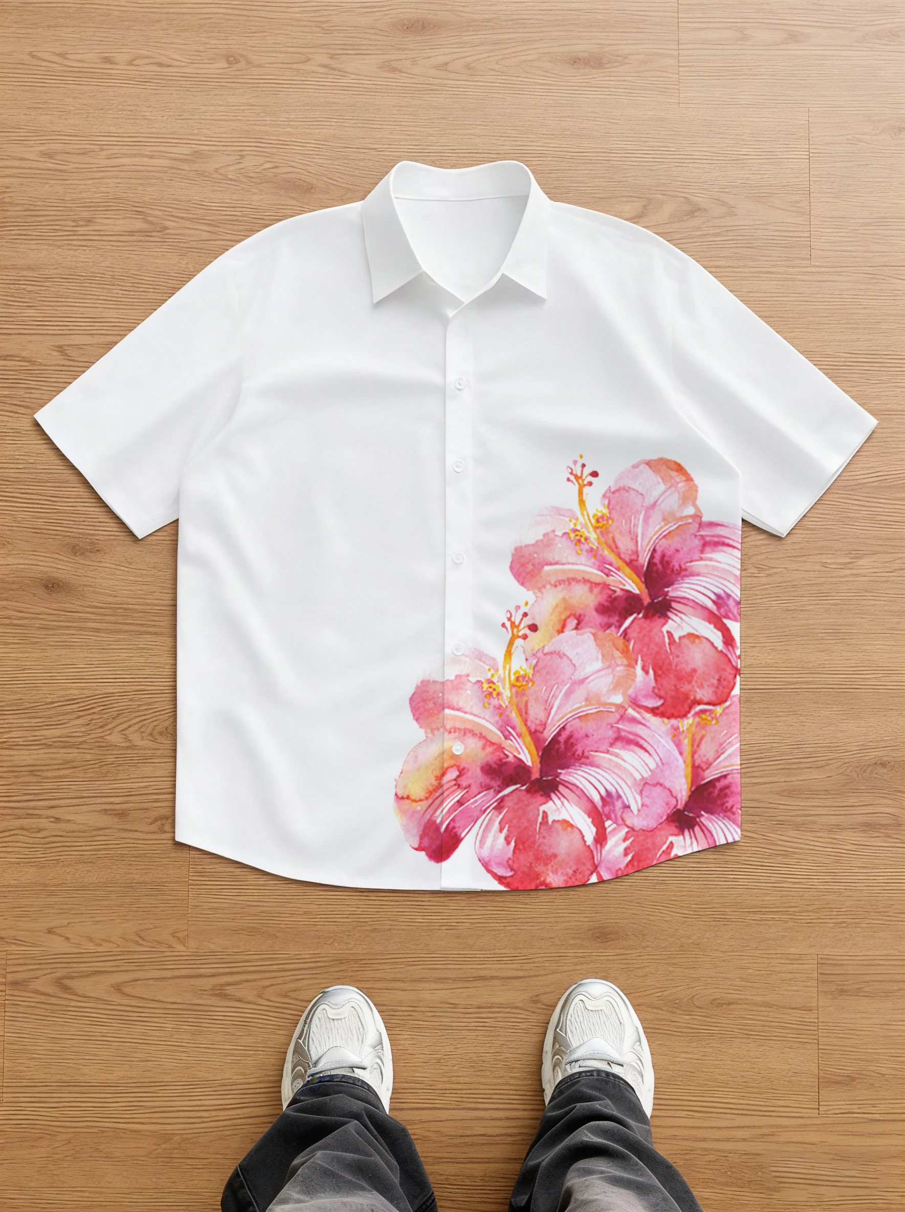 

Pure white short-sleeved shirt - minimalist basic style with floral print design on the side for added fashion sense