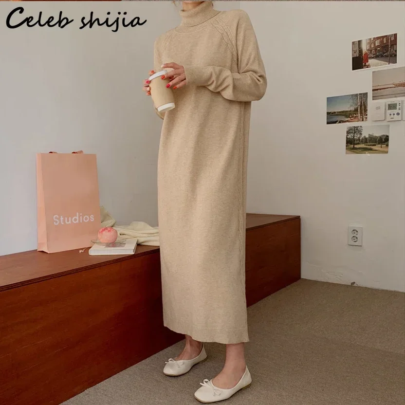 Khaki Maxi Woolen Dress Women  Autumn Turtleneck Elegant Sweater Dress Female Loose Vinatge Gray Knitted Vestidos Winter