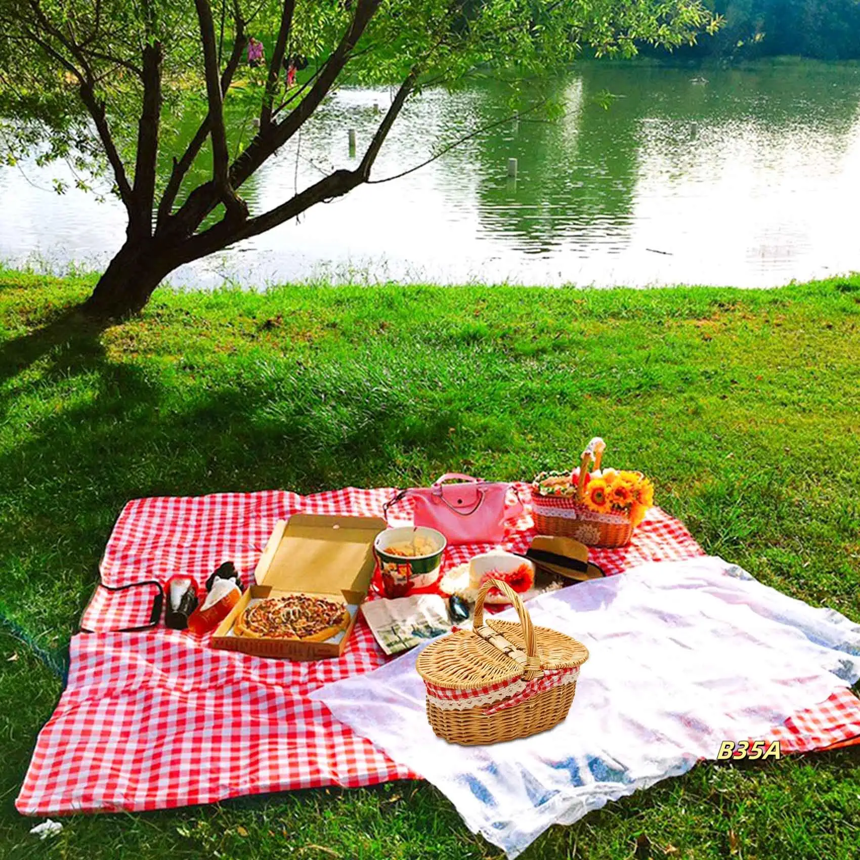 

Плетеная корзина для пикника в стиле кантри с крышкой, ручкой и вкладышами для пикников, вечеринок, свадеб и Bbqs