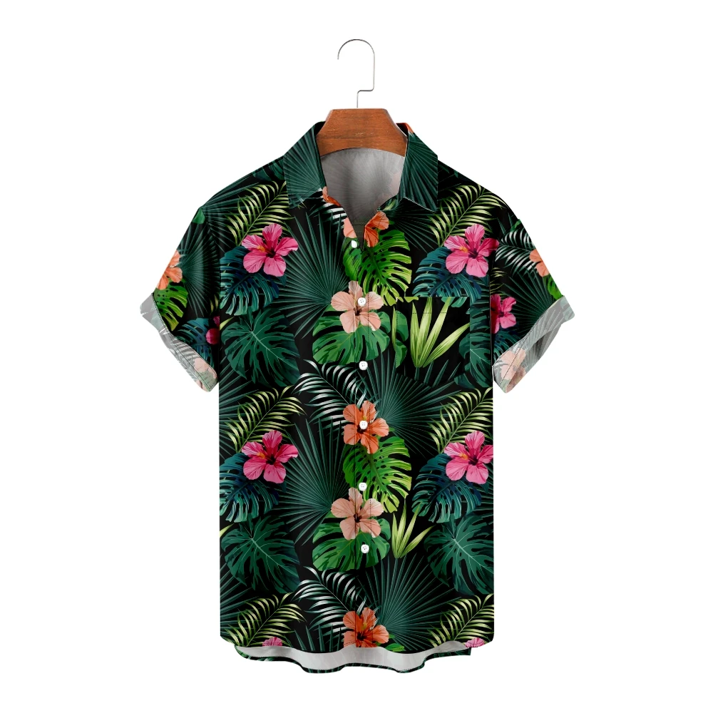 

Men's Hawaiian Shirts Leaves and Flowers Short Sleeve Shirts Cool Summer Green Tops Vintage Breathable