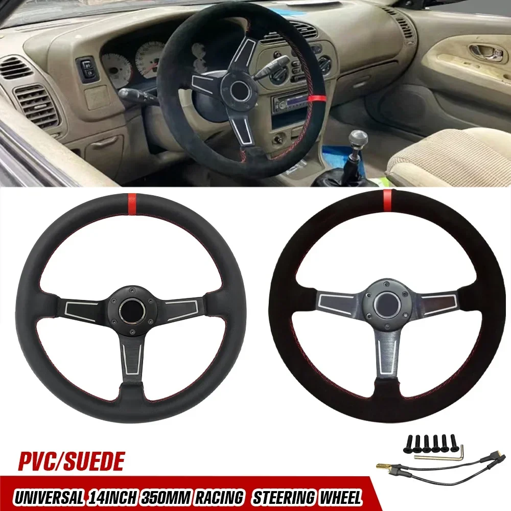 Universal Car Sport Steering Wheel 350mm 14inch PVC Suede Leather Deep Dish Racing Car Rally Drift Sport Steering Wheel W/ Logo