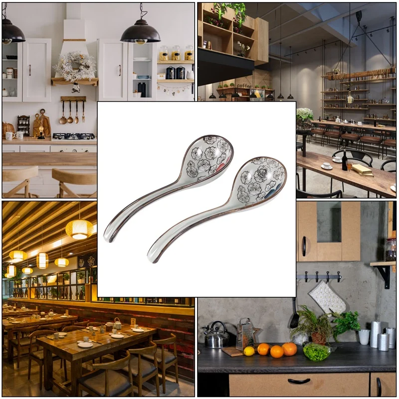 ABXF-4 قطع ملاعق أرز صينية كلاسيكية آسيوية مقبض منحني ملعقة شوربة رامين ملاعق زهور مطلية بمقبض طويل