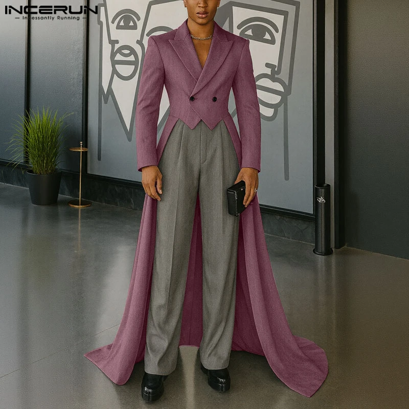 

INCERUN мужской нерегулярный пиджак с однотонными лацканами и длинными рукавами, повседневный костюм, мужская уличная одежда, элегантные модные мужские пальто, длинный стильный пиджак