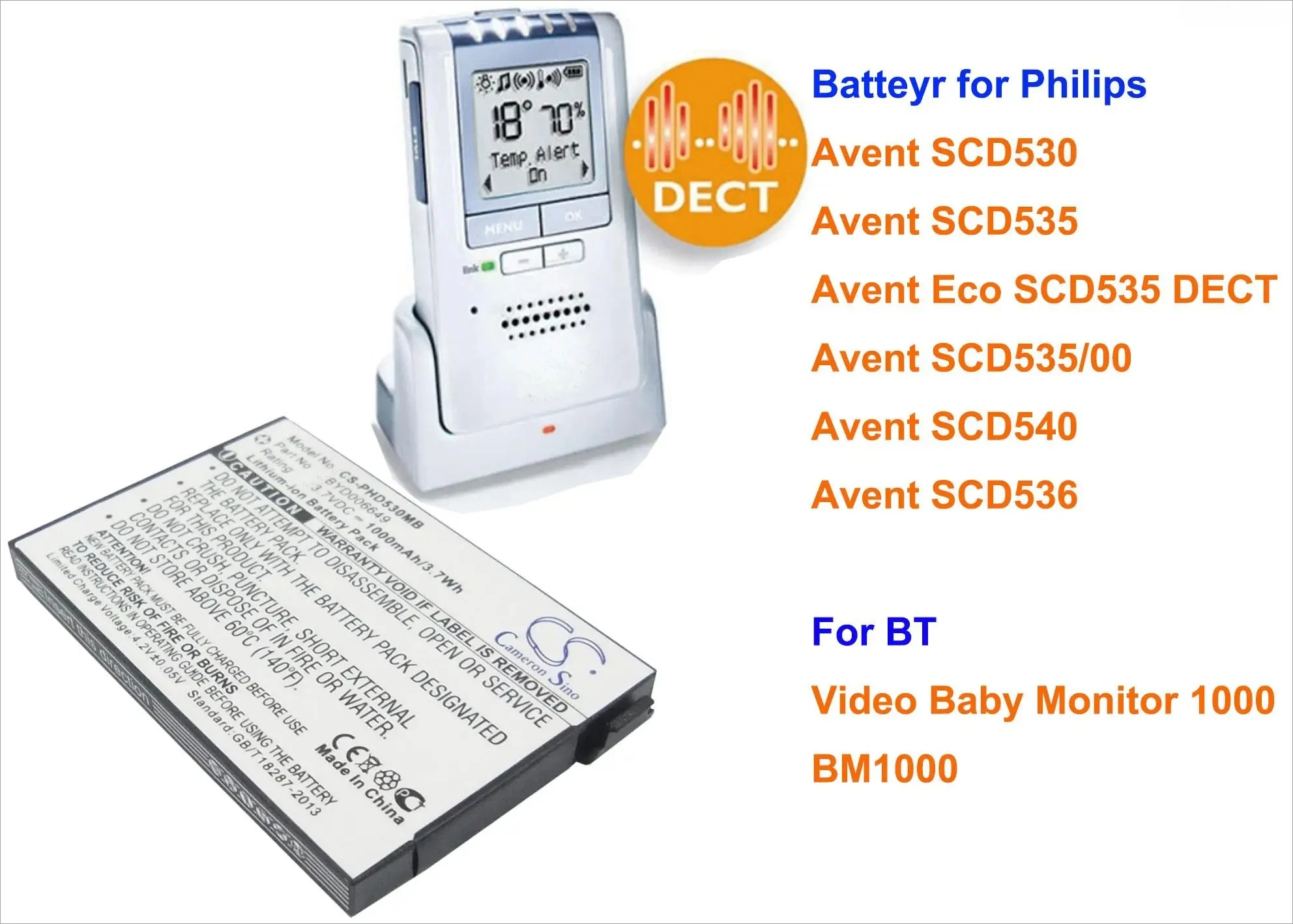 Cameron Sino 1000mAh Battery BYD006649 for BT BM1000, Video Baby Monitor 1000, For Philips Avent SCD530, SCD535, SCD536, SCD540