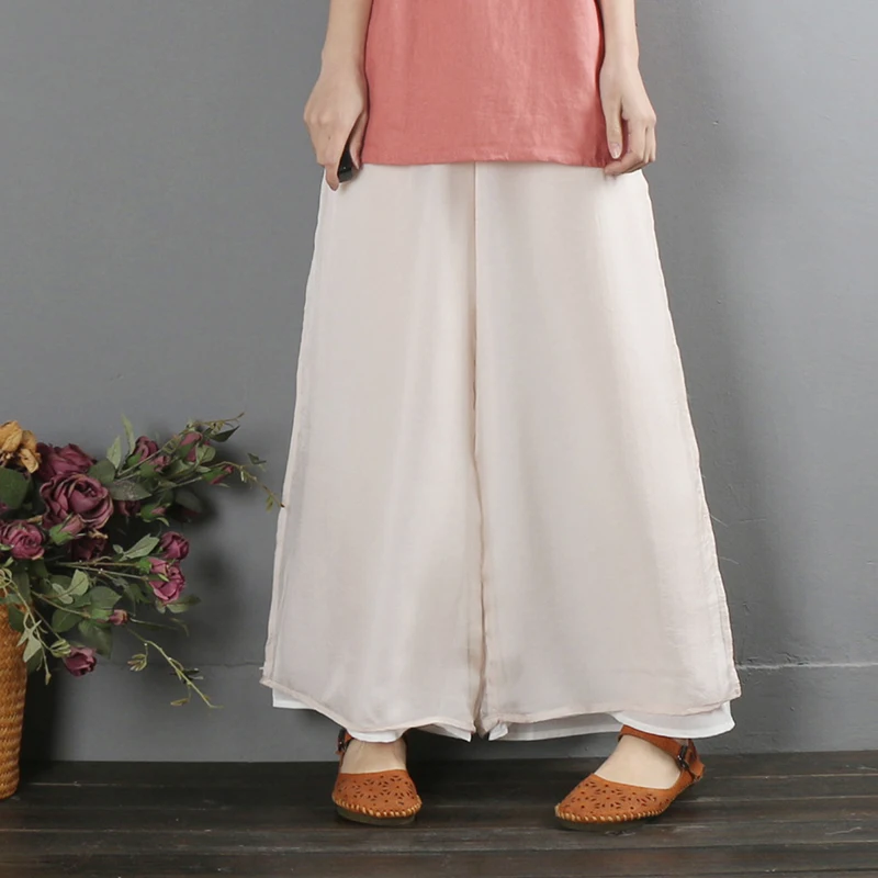 레트로 예술적 와이드 레그 팬츠 봄 패션 이중 레이어 튤 요가 팬츠 중국식 젠 차 의상 스트레이트 레그 팬츠