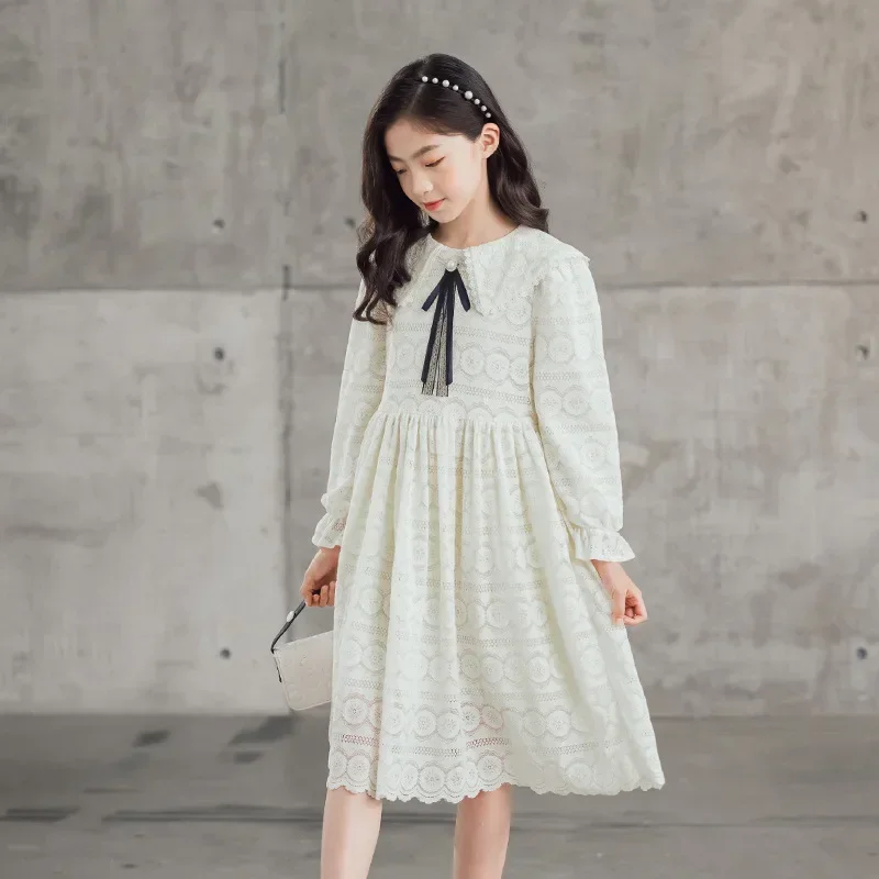 Kids Clothes 2023 Autumn Long Sleeve Lace Princess Dresses Beige Evening Party Dress for Girls Children Wedding Costume 10 12 Y