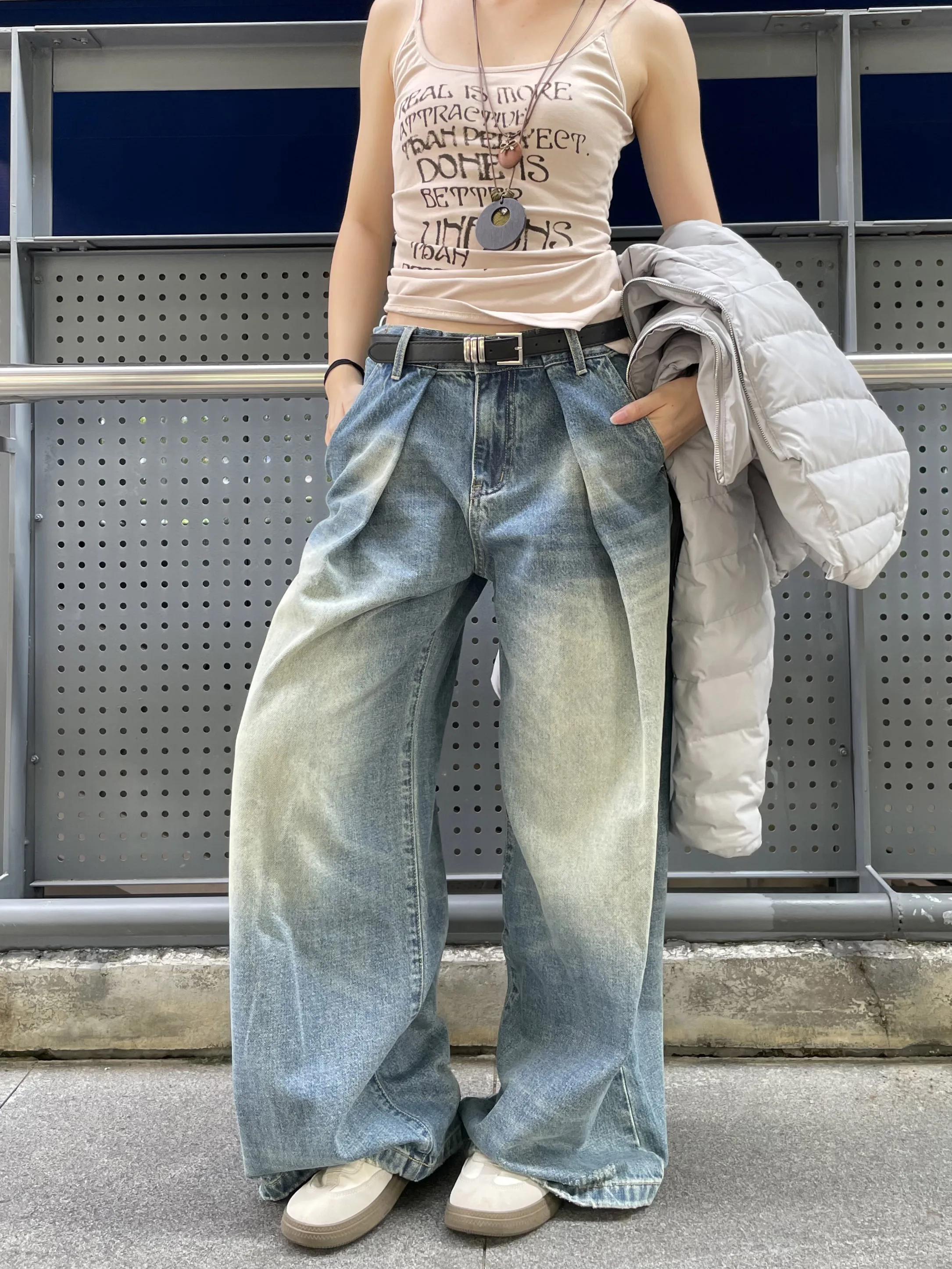 

Ретро-джинсы с широкими штанинами и складками в американском стиле для мужчин и женщин, уличные, свободного кроя, повседневные, длинные брюки, модные, из хлопкового денима