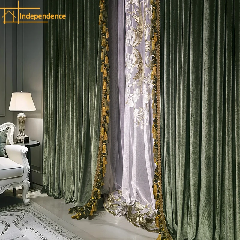 Luxury Retro Dark Green Velvet Tassels Thickened Blackout Curtains for Living Room Bedroom French Window Villa Customization