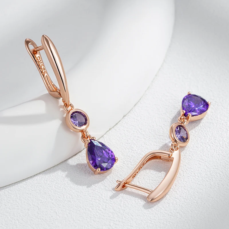 Kinel Hot Shiny Purple Natural Zircon Long Dangle Earrings for Women 585 Rose Gold Color Vintage Ethnic Bride Daily Fine Jewelry