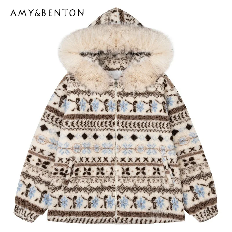 

2025 Winter New Style Unisex Cotton Jackets Retro Design Warm Fleece Loose Sweet Cool Fur Collar Hooded Versatile Coats Ladies