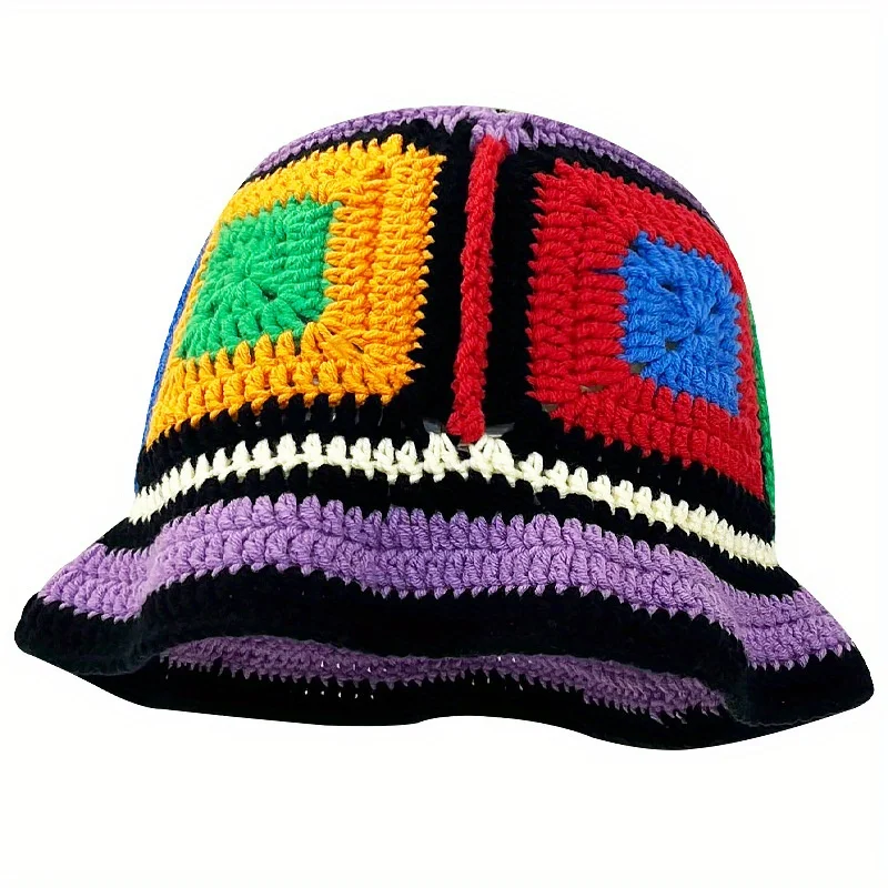 

Clashing Colors Knitted Hat Hand Made Fisherman Style Bucket Cap for Men Breathable Warmth Outdoor Sports Daily Casual Headwear