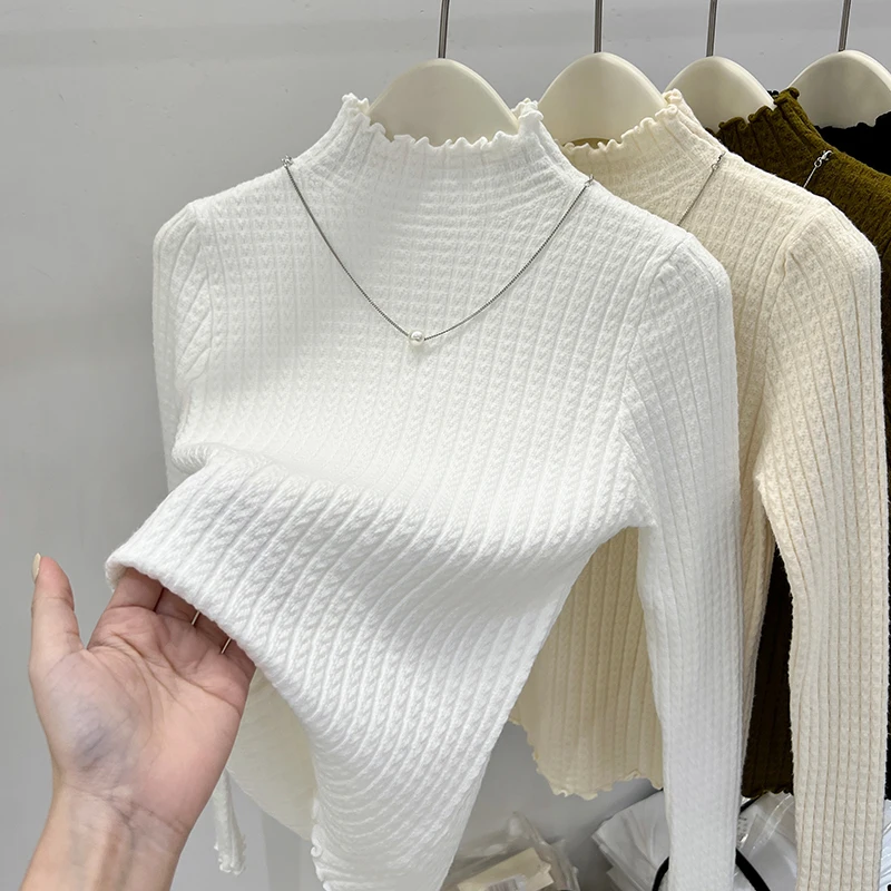 

Women Long Sleeve Knitted Simple Base Layer Pullovers Autumn Winter Half High Collar Ruffles Sweater Women Solid Casual Sweater