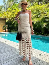 Sexy Backless Hollow Out Sling Knit Dress Women Fashion Solid Off Shoulder Long Dresses 2024 Summer Lady Vacation Party Vestidos