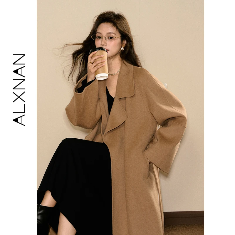 

ALXNAN Wool Coat Women 2026 New Long Elegant Caramel Outwear Sheepskin Warm Oversized Collar Coat with Waist Belt Female L58160