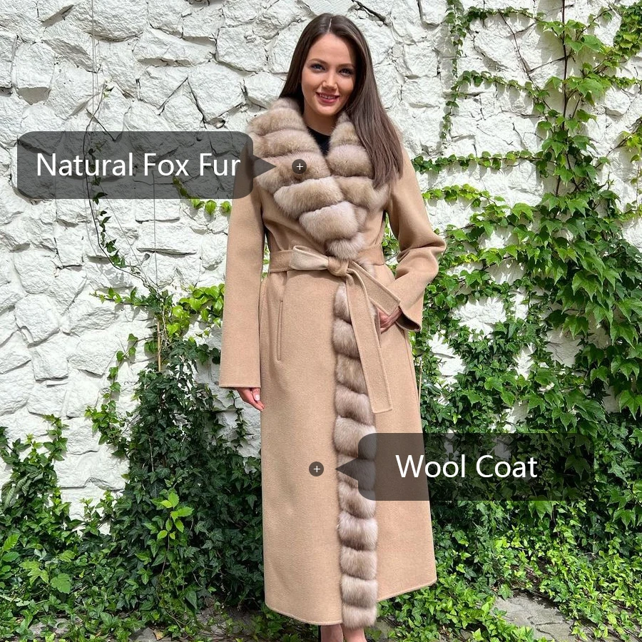 Ladies Clothing Real Wool Coat With Fox Fur Lapel Collar Winter 2024 New Cashmere Coat Long fur jacket