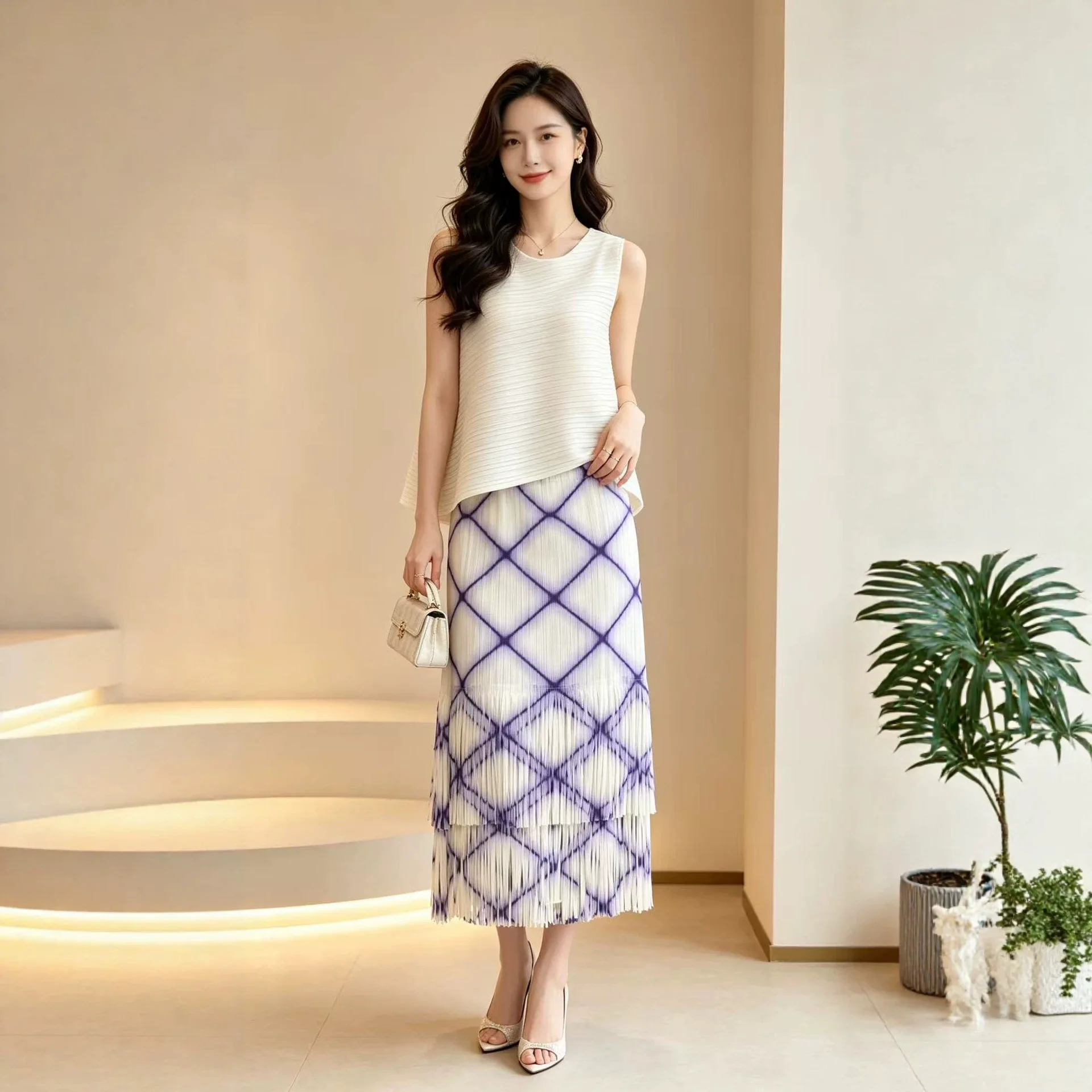 Miyake Pleated Women's Casual Skirt High-end Design Fashionable Women's Summer Commuting Versatile Printed Fringed Long Skirt