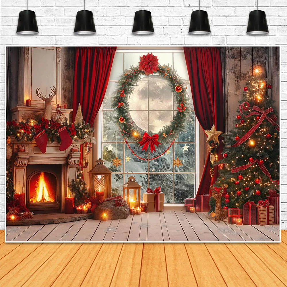 Mocsicka Christmas Backdrops for Photography Window Fireplace Xmas Tree Wreath White Floor Family Portrait Background Photoshoot