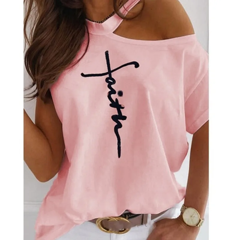 Printed T-shirt Women S-3XL Size Ladies One-shoulder Letter Tops Summer Loose and Cute T-shirt Fashion Top Women Strapless Sexy