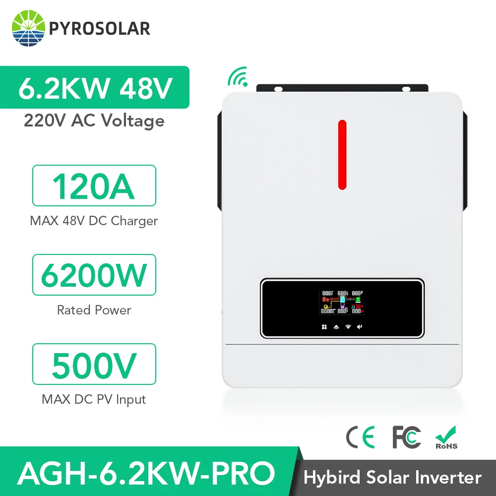 PYROSOLAR 6200W Hybrid Solar Inverter 48V 230VAC Pure Sine Wave Inverter 6.2KW On Grid Dual Output with MPPT 120A Solar Charger