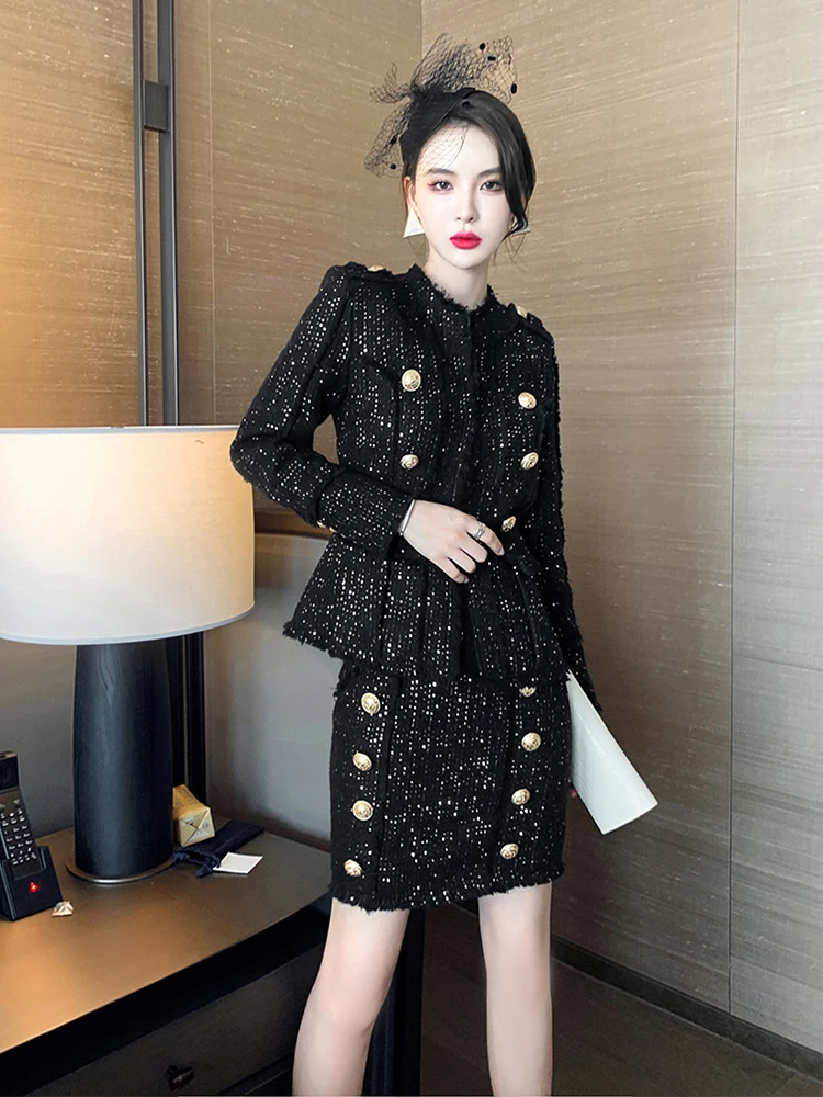 

Temperament Elegant Vintage 2 Piece Sets Women Glitter Sequin Tweed Coat Slim Mini Skirt Sexy Office Lady Suits French Style