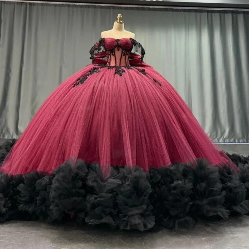 

Red Shiny Quinceanera Dresses Off The Shoulder Applique Beading Crystal Bow Tiered Tull Corset Party Birthday Sweet 16 Dress