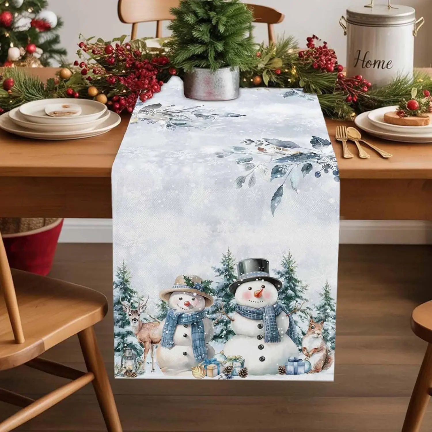 Christmas Snowman Snowflake Tree Linen Table Runner Party Decor Farmhouse Kitchen Dining Table Runner Christmas Decorations