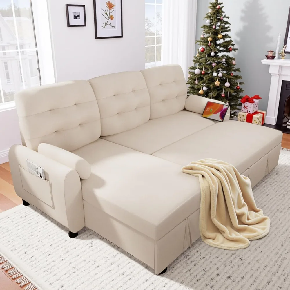 Sofá cama 2 en 1 – Cama extraíble con chaise reversible y estación de carga
