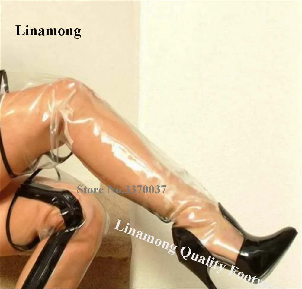 

Linamong Sexy Poointed Toe Clear PVC Stiletto Heel Over Knee Gladiator Boots White Black Match Transparent Long High Heel Boots