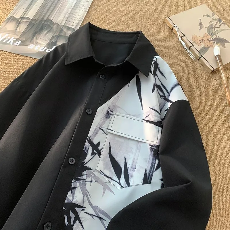 Men New Chinese Style Long Sleeve Shirt Bamboo Print Spliced Loose Outerwear