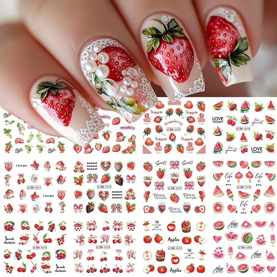 12 disegni di fragole per nail art decalcomanie per il trasferimento dell'acqua serie di frutta rosa rossa cursore autoadesivo decorazione per manicure decorazione per unghie fai da te