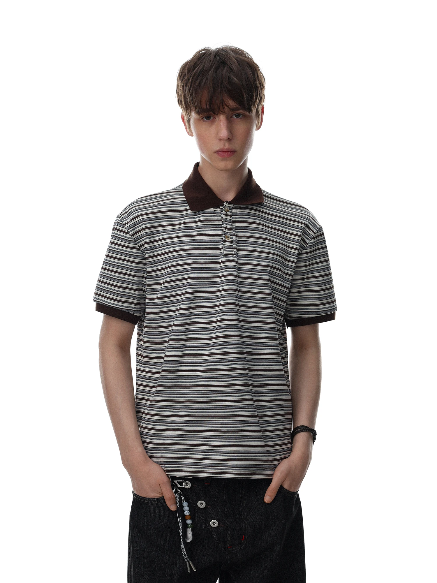American Retro Color Block Stripe Short Sleeve Shirt Men's Summer Loose Versatile T-Shirt Cotton Polyester No Ironing Re...
