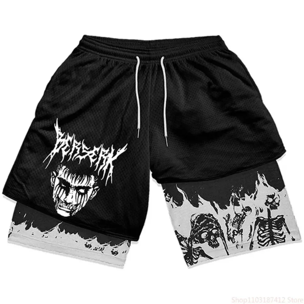 Fashionable Casual Anime Print 2-in-1 Men\'s Compression Shorts Sports Quick-Drying Shorts with Pockets Gym Workout Fitness S-5XL