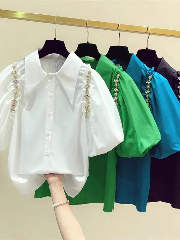 

Женская блузка Ele ort Sve Diamond Embedded Bubble Sleeve с бриллиантовой отделкой, для работы, высокая мода, свободный крой, для повседневной носки