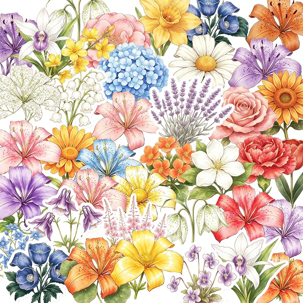 35PCS Fresh Flower Mix Stickers – Cartoon Plant & Floral Stickers Featuring Prosperous Blooms