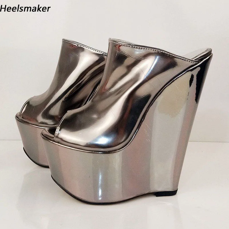 Sukeia Handmade Women Platform Mules Sandals Wedges Heels Peep Toe Classics Grey Cosplay Shoes Ladies US Size 4-15