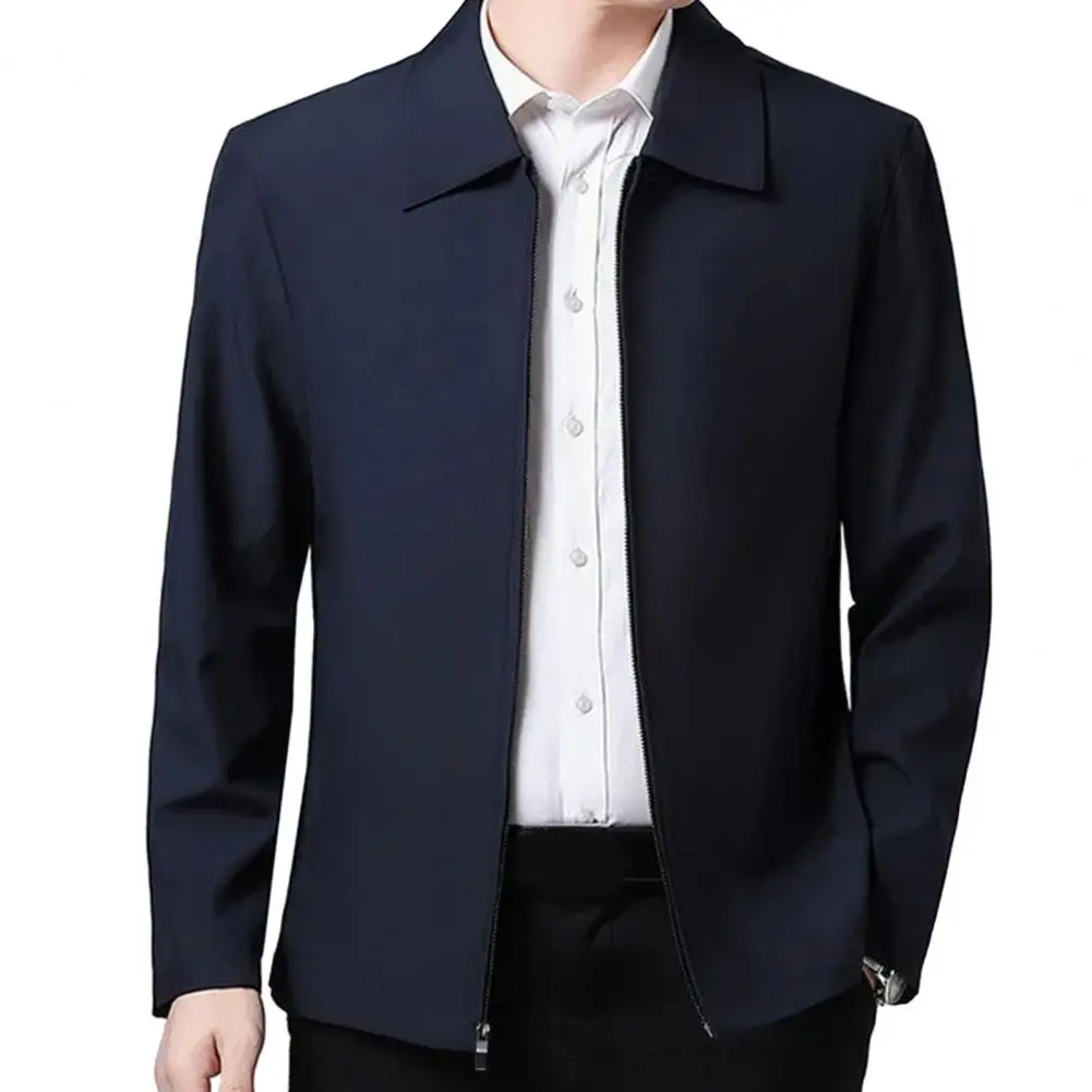 Men Jacket Elegant Mid-aged Men\'s Lapel Jacket with Zipper Closure Pockets for Formal Business or Casual Wear in Spring Fall