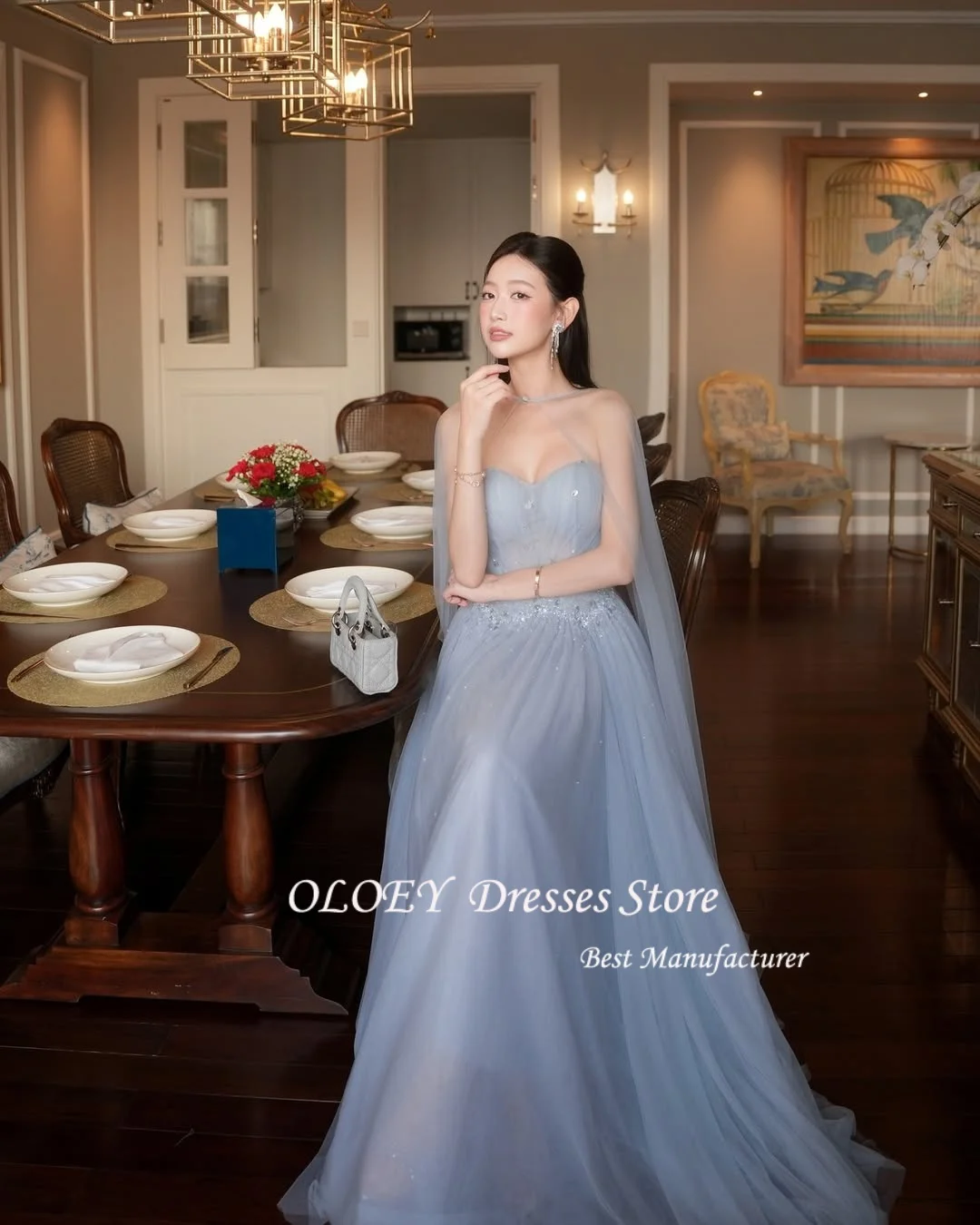 OLOEY 맞춤형 절묘한 라이트 블루 Organza 이브닝 드레스 우아한 크루 넥 숄 민소매 지퍼 백 특별 행사 가운