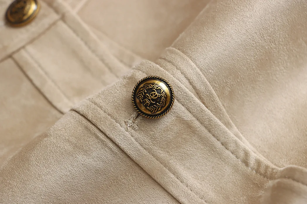 CALYMIX 2025 Spring Women's Faux Suede Round Neck Gold Button Jacket