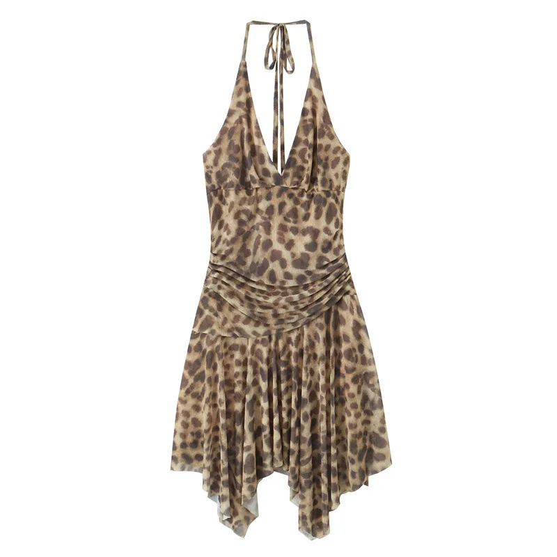 Vestido feminino irregular com estampa de leopardo e decote em V