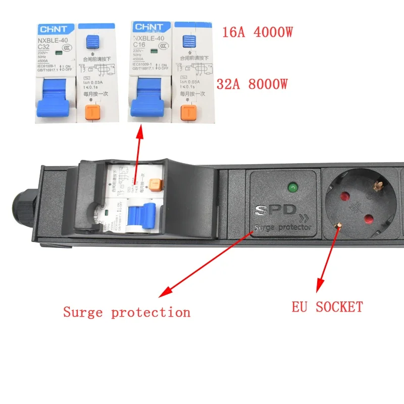 Imagem -03 - Interruptor do Curto-circuito da Tira do Poder do Pdu Interruptor Proteção de Circuito ue Output o Soquete Proteção do Impulso 4000w 8000w o