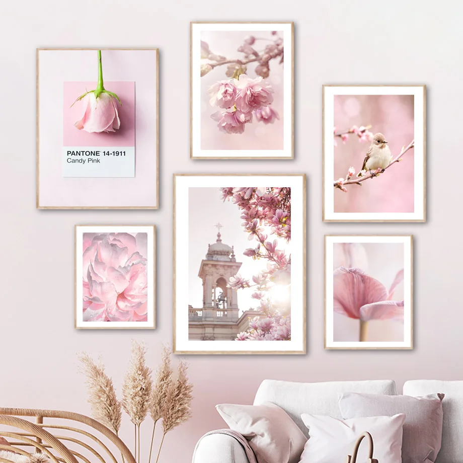 1Pc Frameless Spring Pink Rose Peony Sakura Dandelion Orchid Sparrow Car Garden Posters Flower Wall Art Canvas Painting Home Roo