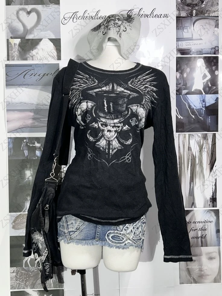 

Панк Черепа Майки Женская Одежда Футболки Тонкие Длинные Рукава Гранж Femme Футболка Эстетический Топ Готическая Футболка Уличная Одежда Пуловер Y2k